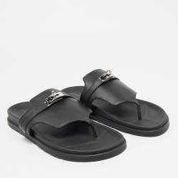 Pre Owned Hermes Empire Size 40.5 Black Leather Thong Flat Slide