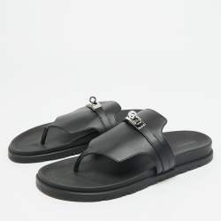 Pre Owned Hermes Empire Size 40.5 Black Leather Thong Flat Slide