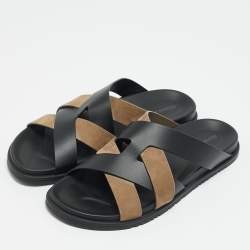 مملوكة مسبقًا صندل فلات هيرمس كازيمير جلد سويد أسود/رمادي مقاس 45.5