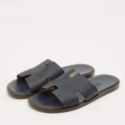 Pre Owned Hermes Izmir Size 42.5 Navy Blue Leather Slide Sandals