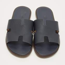 Pre Owned Hermes Izmir Size 42.5 Navy Blue Leather Slide Sandals