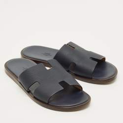 Pre Owned Hermes Izmir Size 42.5 Navy Blue Leather Slide Sandals