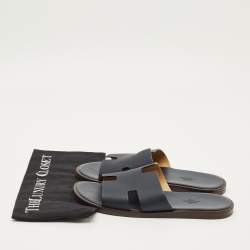 Pre Owned Hermes Izmir Size 42.5 Navy Blue Leather Slide Sandals
