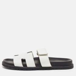 مملوكة مسبقًا Hermes Chypre Size 43 White Leather Flat Slide Sandals