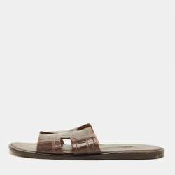 مملوكة مسبقًا Hermes Izmir Size 42 Brown Crocodile Leather Flat Slide