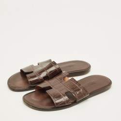 Pre Owned Hermes Izmir Size 42 Brown Crocodile Leather Flat Slide