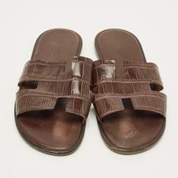 Pre Owned Hermes Izmir Size 42 Brown Crocodile Leather Flat Slide