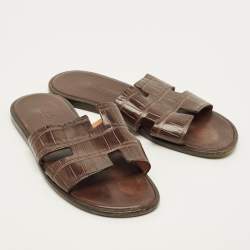 Pre Owned Hermes Izmir Size 42 Brown Crocodile Leather Flat Slide