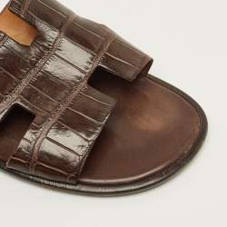 Pre Owned Hermes Izmir Size 42 Brown Crocodile Leather Flat Slide