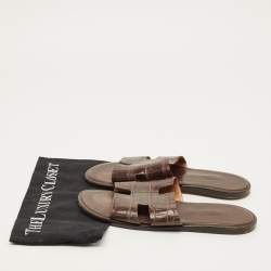 Pre Owned Hermes Izmir Size 42 Brown Crocodile Leather Flat Slide