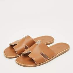 Pre Owned Hermes Izmir Size 46 Brown Leather Flat Slides 