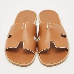 Pre Owned Hermes Izmir Size 46 Brown Leather Flat Slides 