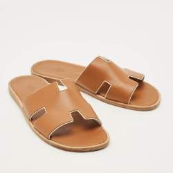 Pre Owned Hermes Izmir Size 46 Brown Leather Flat Slides 