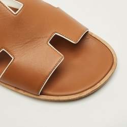 Pre Owned Hermes Izmir Size 46 Brown Leather Flat Slides 