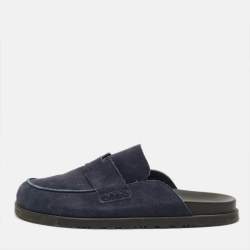 Pre Owned Hermes Go Size 46 Navy Blue Suede Mules