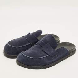 Pre Owned Hermes Go Size 46 Navy Blue Suede Mules