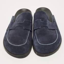 Pre Owned Hermes Go Size 46 Navy Blue Suede Mules