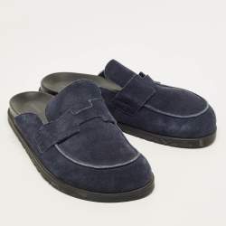Pre Owned Hermes Go Size 46 Navy Blue Suede Mules