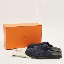 Pre Owned Hermes Go Size 46 Navy Blue Suede Mules