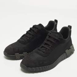 Pre Owned Hermès Bouncing Size 46 Black Knit Fabric and Suede Lace Up Sneakers