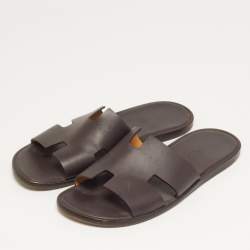 Pre Owned Hermes Izmir Size 44.5 Dark Brown Leather Flat Slide