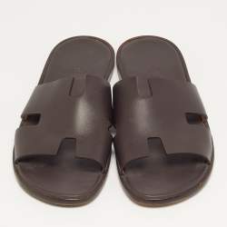 Pre Owned Hermes Izmir Size 44.5 Dark Brown Leather Flat Slide