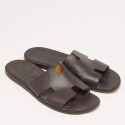 Pre Owned Hermes Izmir Size 44.5 Dark Brown Leather Flat Slide