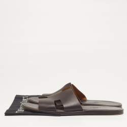 Pre Owned Hermes Izmir Size 44.5 Dark Brown Leather Flat Slide