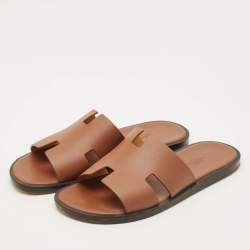 Pre Owned Hermes Izmir Size 40 Brown Leather Flat Slide