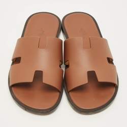 Pre Owned Hermes Izmir Size 40 Brown Leather Flat Slide
