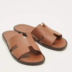 Pre Owned Hermes Izmir Size 40 Brown Leather Flat Slide