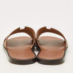 Pre Owned Hermes Izmir Size 40 Brown Leather Flat Slide