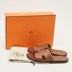 Pre Owned Hermes Izmir Size 40 Brown Leather Flat Slide