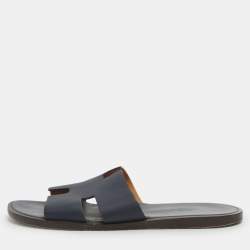 Pre Owned Hermes Izmir Size 42 Navy Blue Epsom Leather Flat Sandals