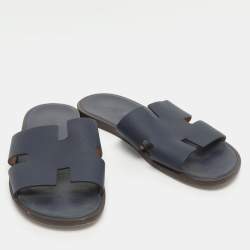 Pre Owned Hermes Izmir Size 42 Navy Blue Epsom Leather Flat Sandals