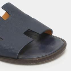 Pre Owned Hermes Izmir Size 42 Navy Blue Epsom Leather Flat Sandals