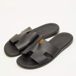 Pre Owned Hermes Izmir Size 40 Black Leather Flat Slide Sandals