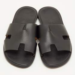 Pre Owned Hermes Izmir Size 40 Black Leather Flat Slide Sandals