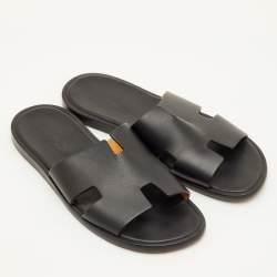 Pre Owned Hermes Izmir Size 40 Black Leather Flat Slide Sandals