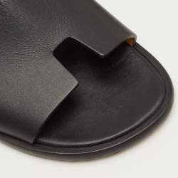 Pre Owned Hermes Izmir Size 40 Black Leather Flat Slide Sandals