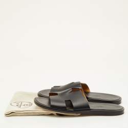 Pre Owned Hermes Izmir Size 40 Black Leather Flat Slide Sandals