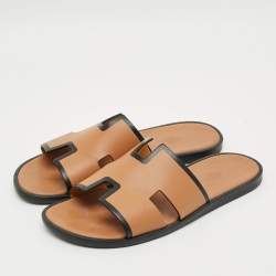 Pre Owned Hermes Izmir Size 43 Brown/Black Leather Flat Slides