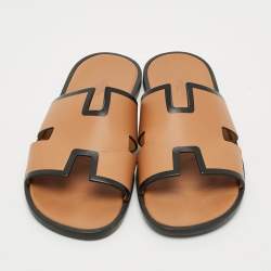 Pre Owned Hermes Izmir Size 43 Brown/Black Leather Flat Slides
