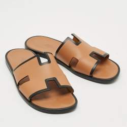 Pre Owned Hermes Izmir Size 43 Brown/Black Leather Flat Slides