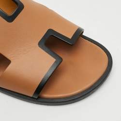 Pre Owned Hermes Izmir Size 43 Brown/Black Leather Flat Slides