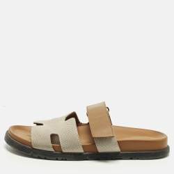 مملوكة مسبقًا Hermes Chypre Size 40.5 Beige/Tan Canvas and Leather Flat Slide