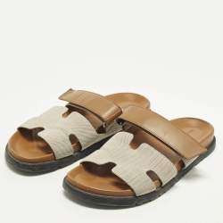 مملوكة مسبقًا Hermes Chypre Size 40.5 Beige/Tan Canvas and Leather Flat Slide