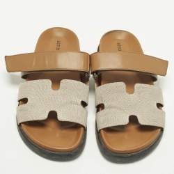 مملوكة مسبقًا Hermes Chypre Size 40.5 Beige/Tan Canvas and Leather Flat Slide