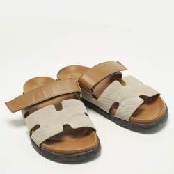 مملوكة مسبقًا Hermes Chypre Size 40.5 Beige/Tan Canvas and Leather Flat Slide