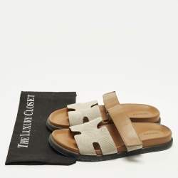 مملوكة مسبقًا Hermes Chypre Size 40.5 Beige/Tan Canvas and Leather Flat Slide